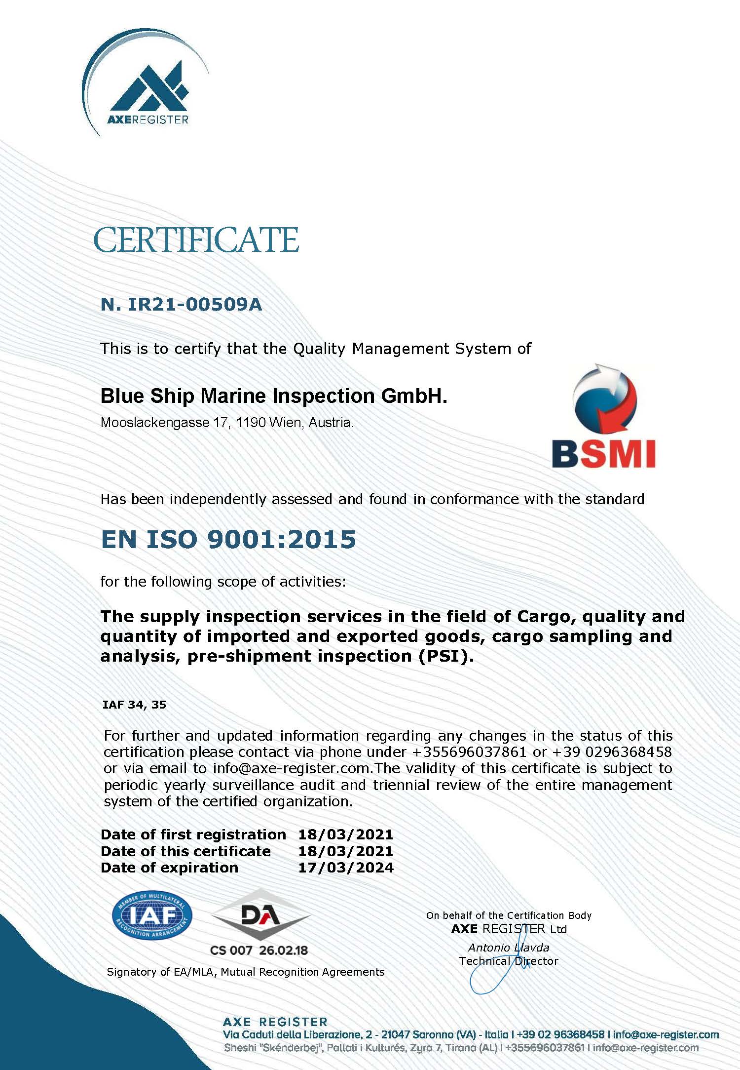 Certificato ISO 9001 - BSMI